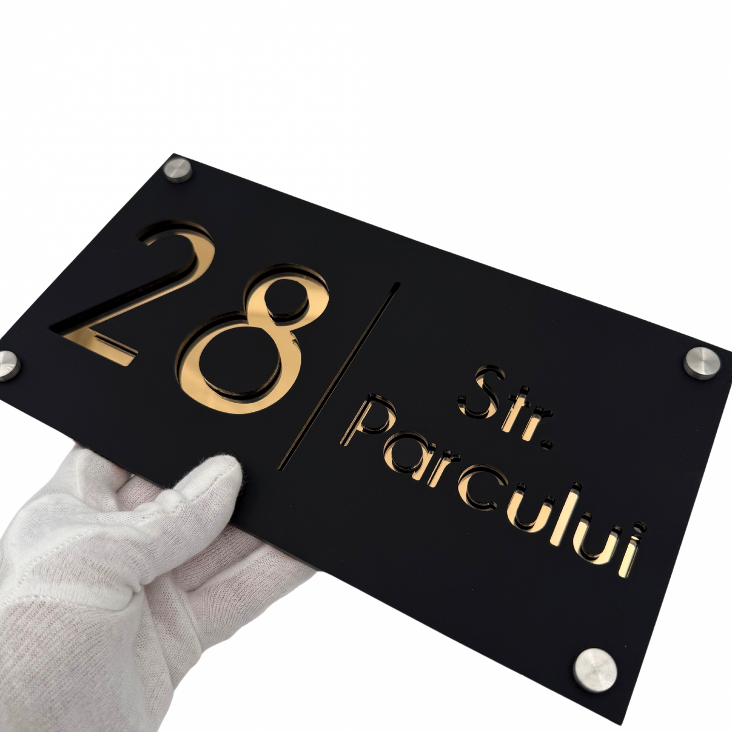 PREMIUM HOUSE NUMBER - Satin Black Gold Mirror 4 Spacers Silver - 28×15 cm