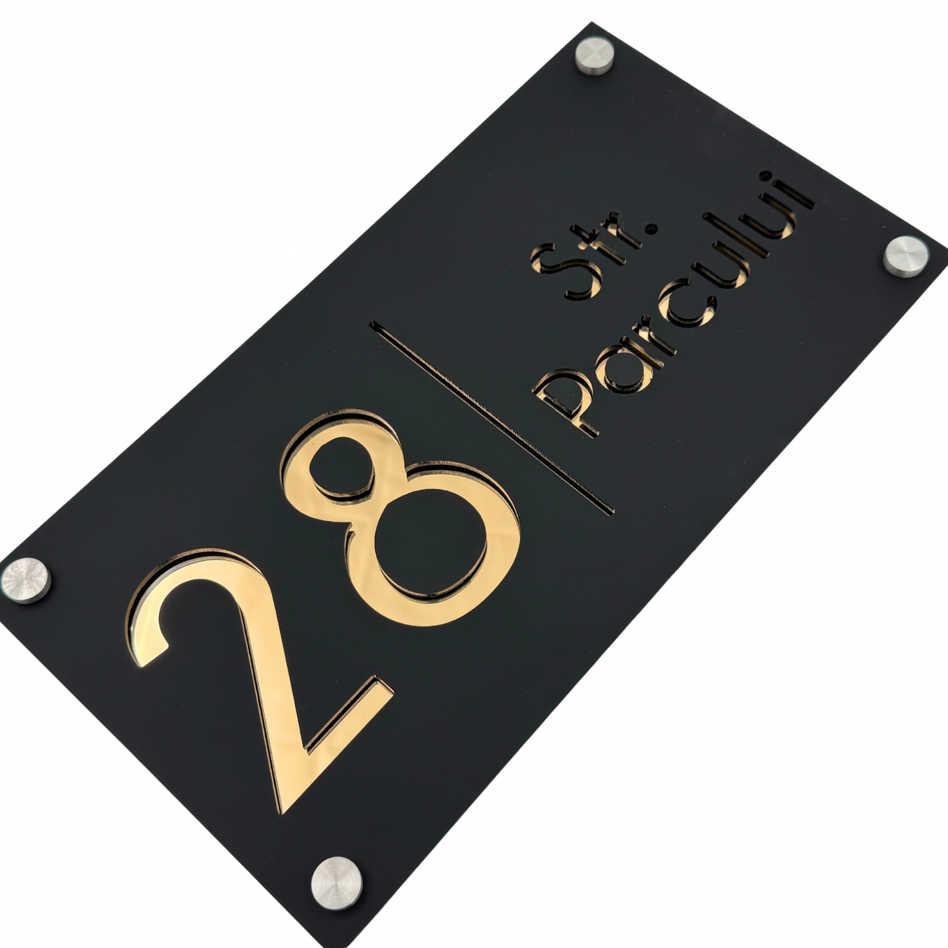 PREMIUM HOUSE NUMBER - Satin Black Gold Mirror 4 Spacers Silver - 28×15 cm