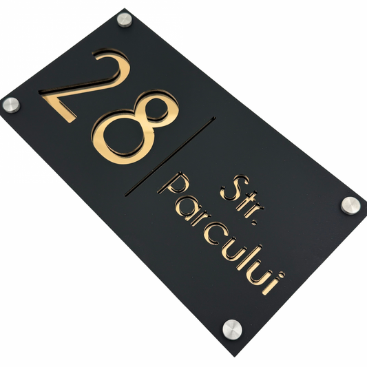 PREMIUM HOUSE NUMBER - Satin Black Gold Mirror 4 Spacers Silver - 28×15 cm