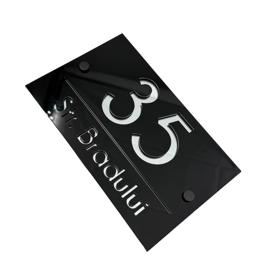 PREMIUM HOUSE NUMBER - Glossy Black Silver Mirror 2 Spacers NeGreyi - 24×15 cm