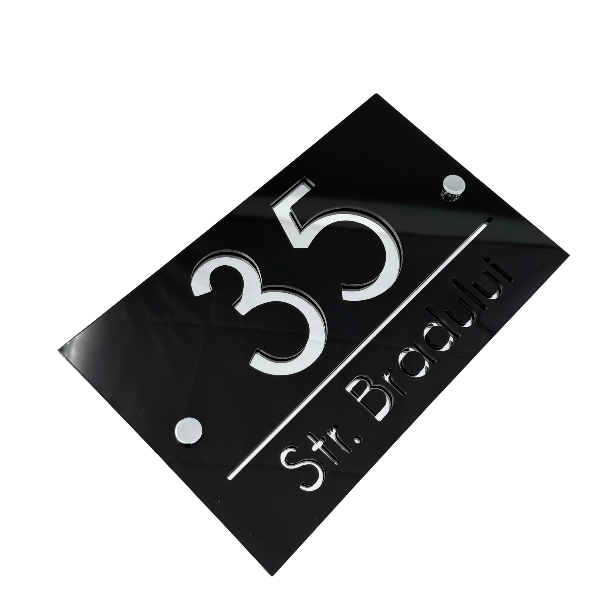 PREMIUM HOUSE NUMBER - Glossy Black Silver Mirror 2 Spacers Silver - 24×15 cm
