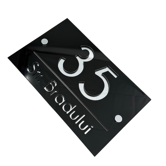 PREMIUM HOUSE NUMBER - Glossy Black Silver Mirror 2 Spacers Silver - 24×15 cm