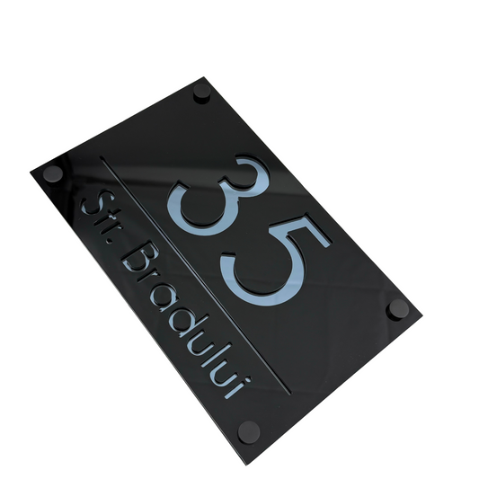 PREMIUM HOUSE NUMBER - Glossy Black Anthracite Grey Mirror 4 Spacers NeGreyi - 24×15 cm