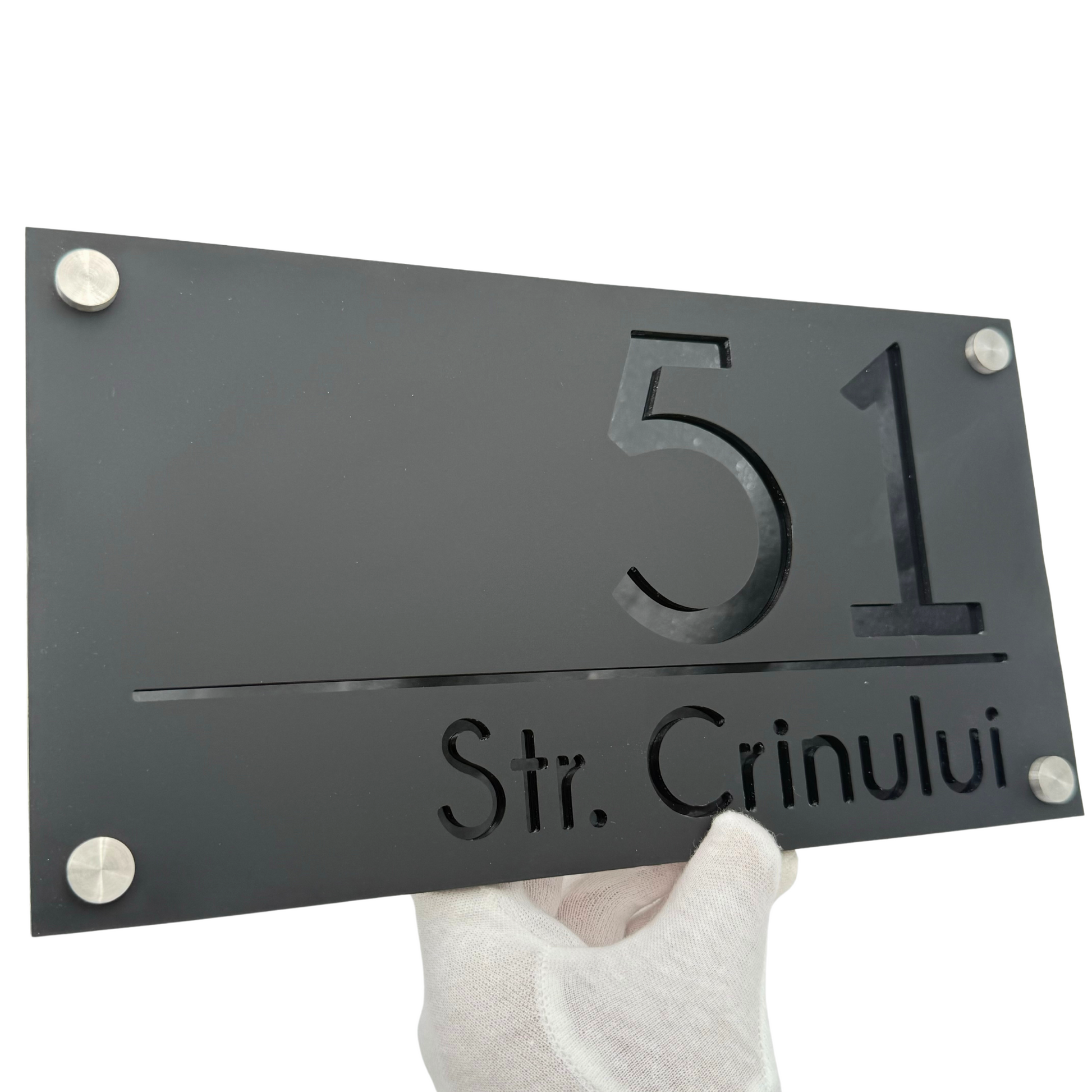 PREMIUM HOUSE NUMBER - Satin Black Glossy Black 4 Spacers Silver - 28×15 cm