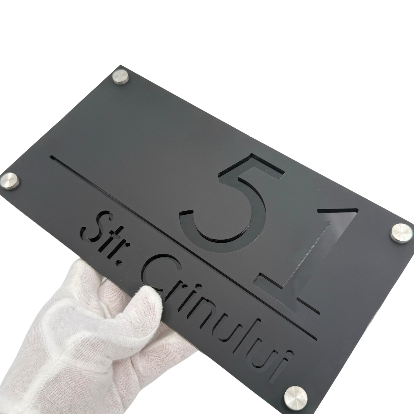 PREMIUM HOUSE NUMBER - Satin Black Glossy Black 4 Spacers Silver - 28×15 cm