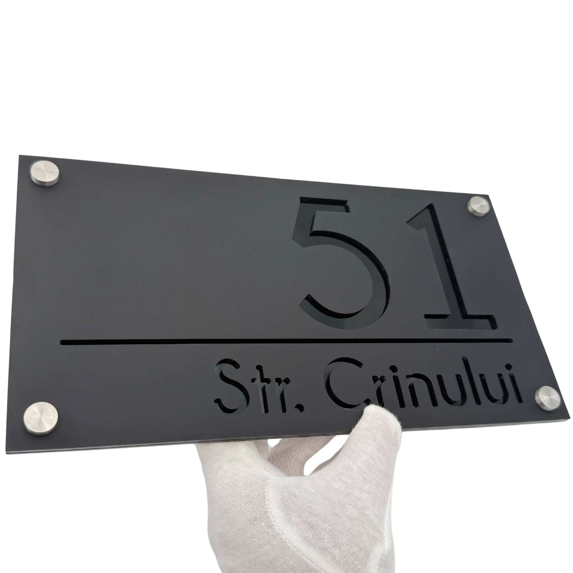 PREMIUM HOUSE NUMBER - Satin Black Glossy Black 4 Spacers Silver - 28×15 cm