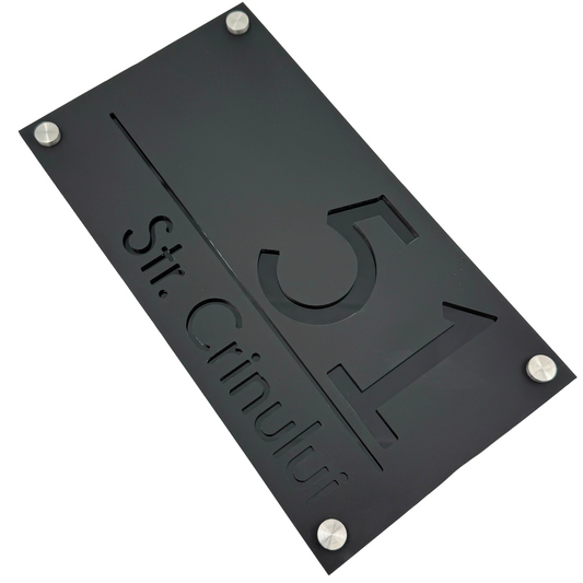 PREMIUM HOUSE NUMBER - Satin Black Glossy Black 4 Spacers Silver - 28×15 cm