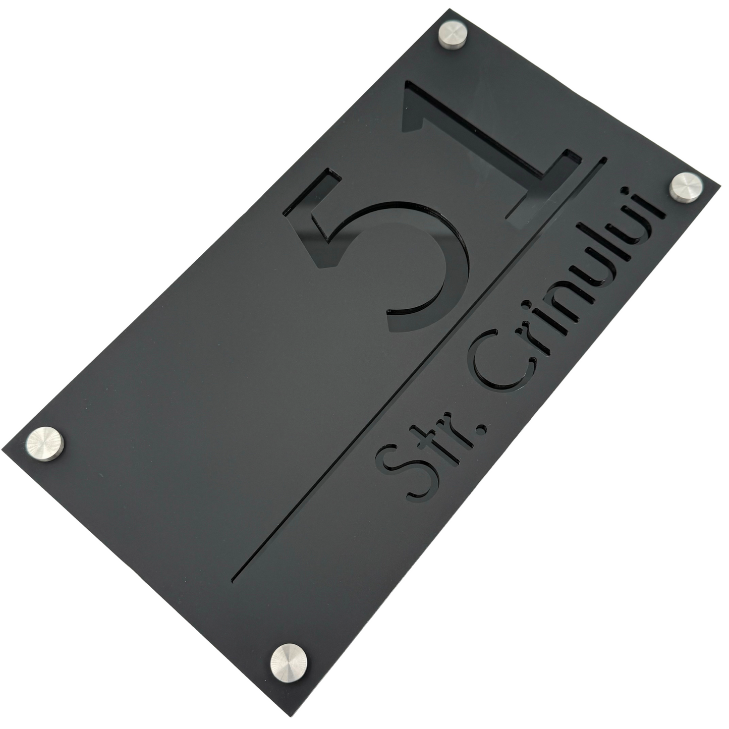 PREMIUM HOUSE NUMBER - Satin Black Glossy Black 4 Spacers Silver - 28×15 cm