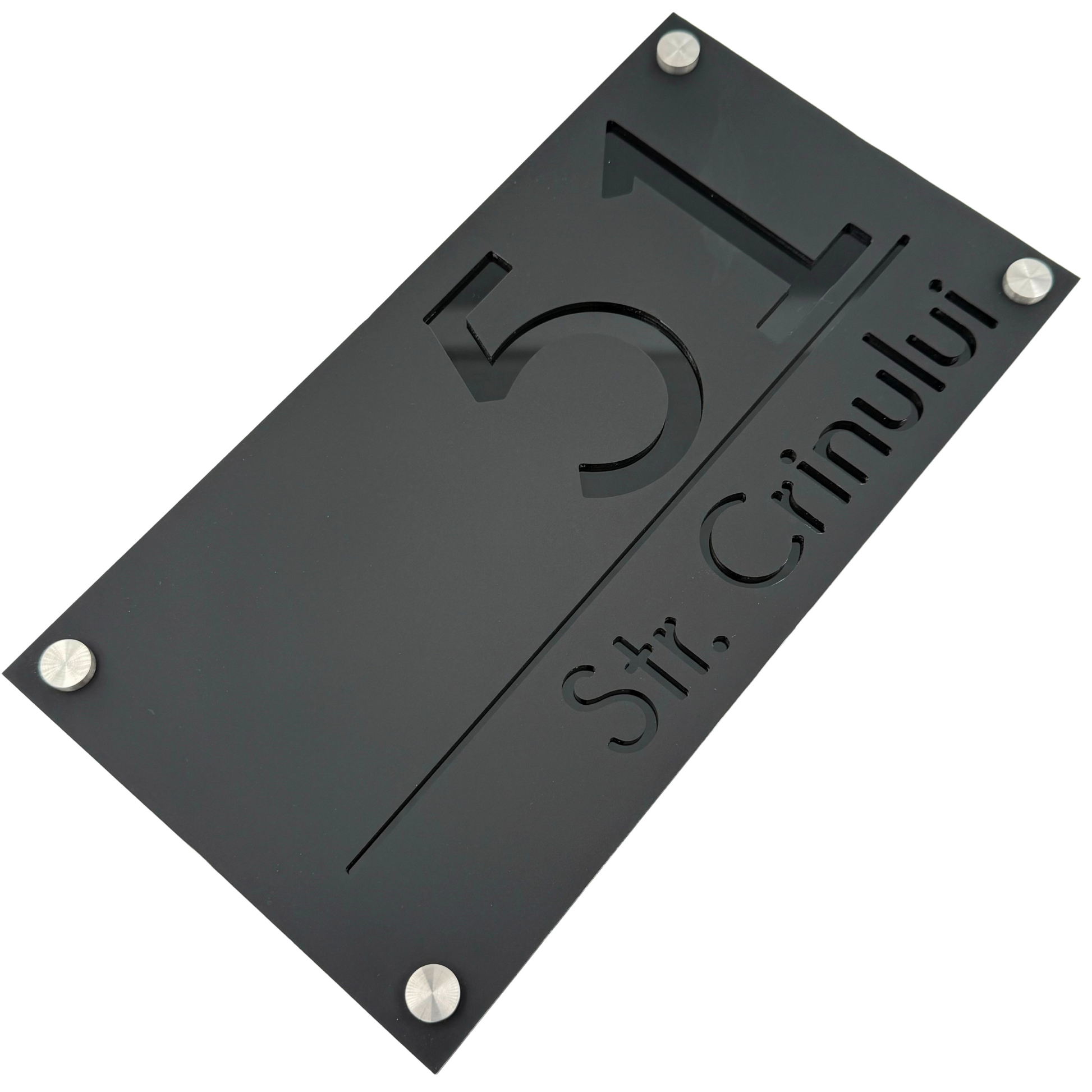 PREMIUM HOUSE NUMBER - Satin Black Glossy Black 4 Spacers Silver - 28×15 cm