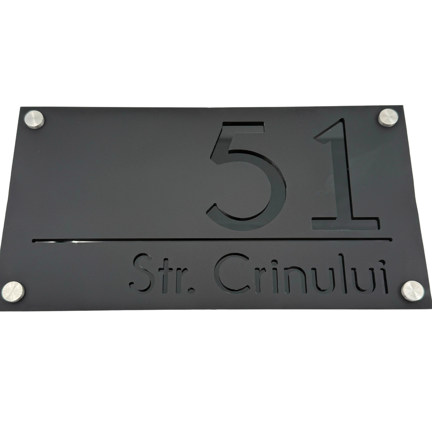 PREMIUM HOUSE NUMBER - Satin Black Glossy Black 4 Spacers Silver - 28×15 cm