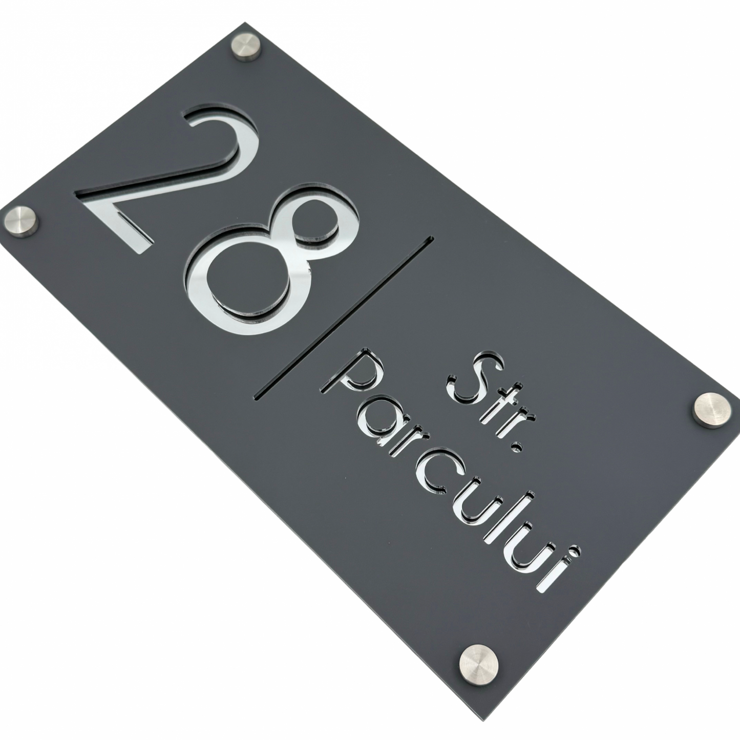 PREMIUM HOUSE NUMBER - Satin Grey Mirror Argintie 4 Spacers Silver - 28×15 cm