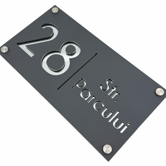 PREMIUM HOUSE NUMBER - Satin Grey Mirror Argintie 4 Spacers Silver - 28×15 cm