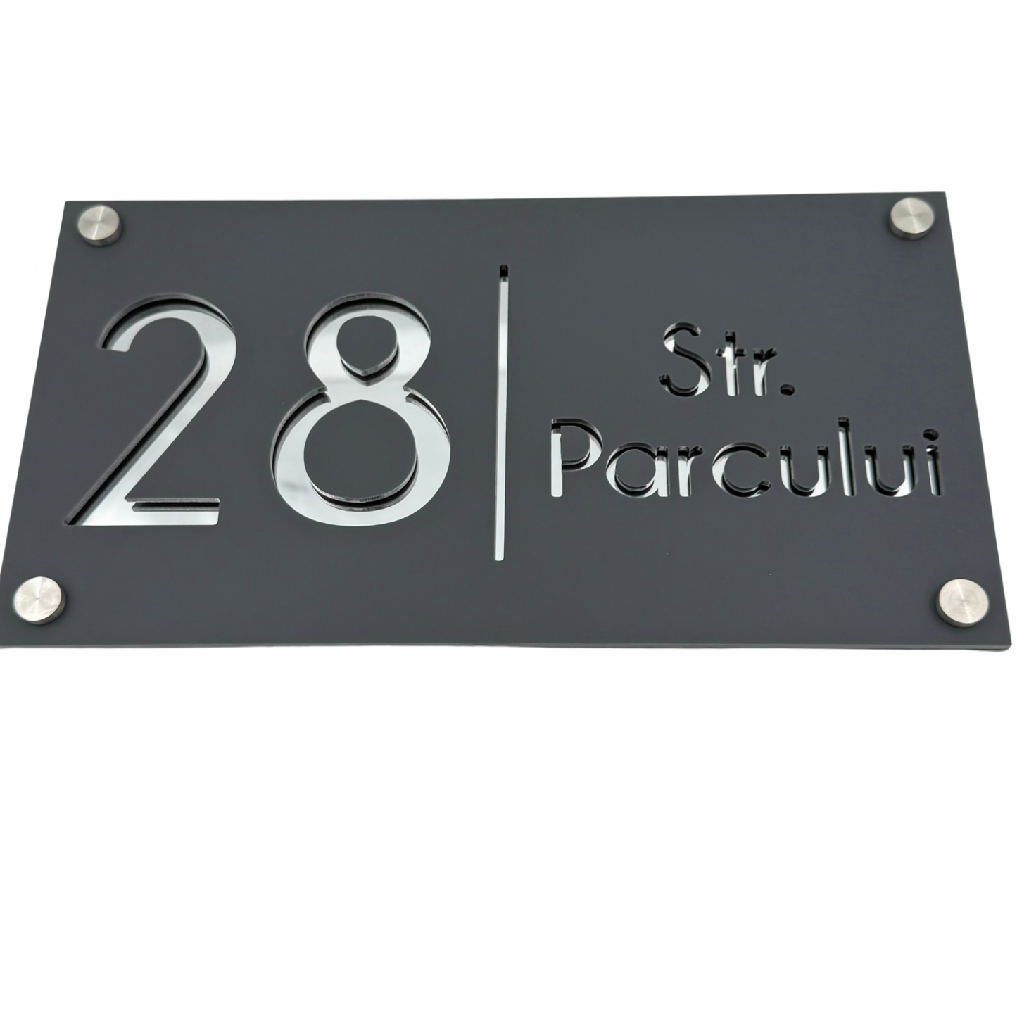 PREMIUM HOUSE NUMBER - Satin Grey Mirror Argintie 4 Spacers Silver - 28×15 cm