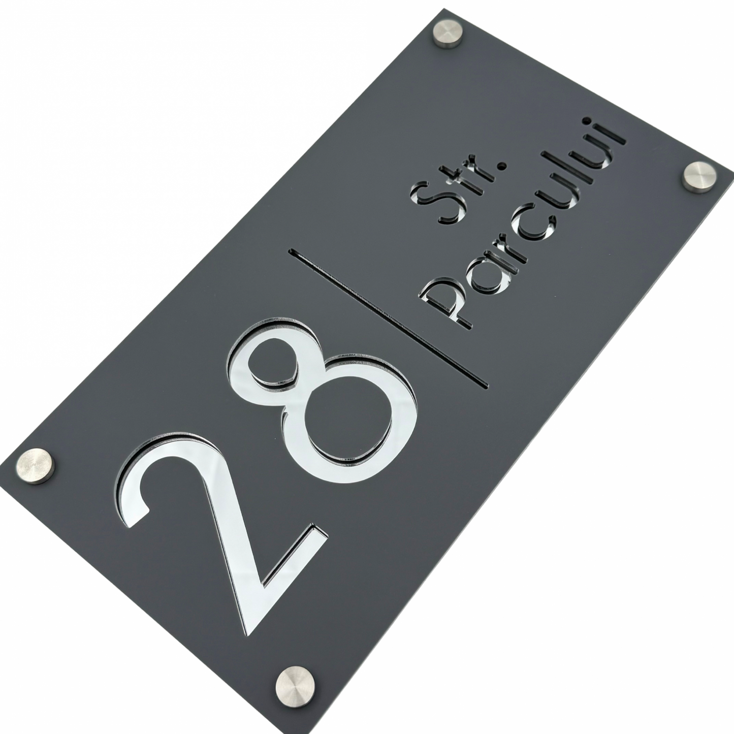PREMIUM HOUSE NUMBER - Satin Grey Mirror Argintie 4 Spacers Silver - 28×15 cm