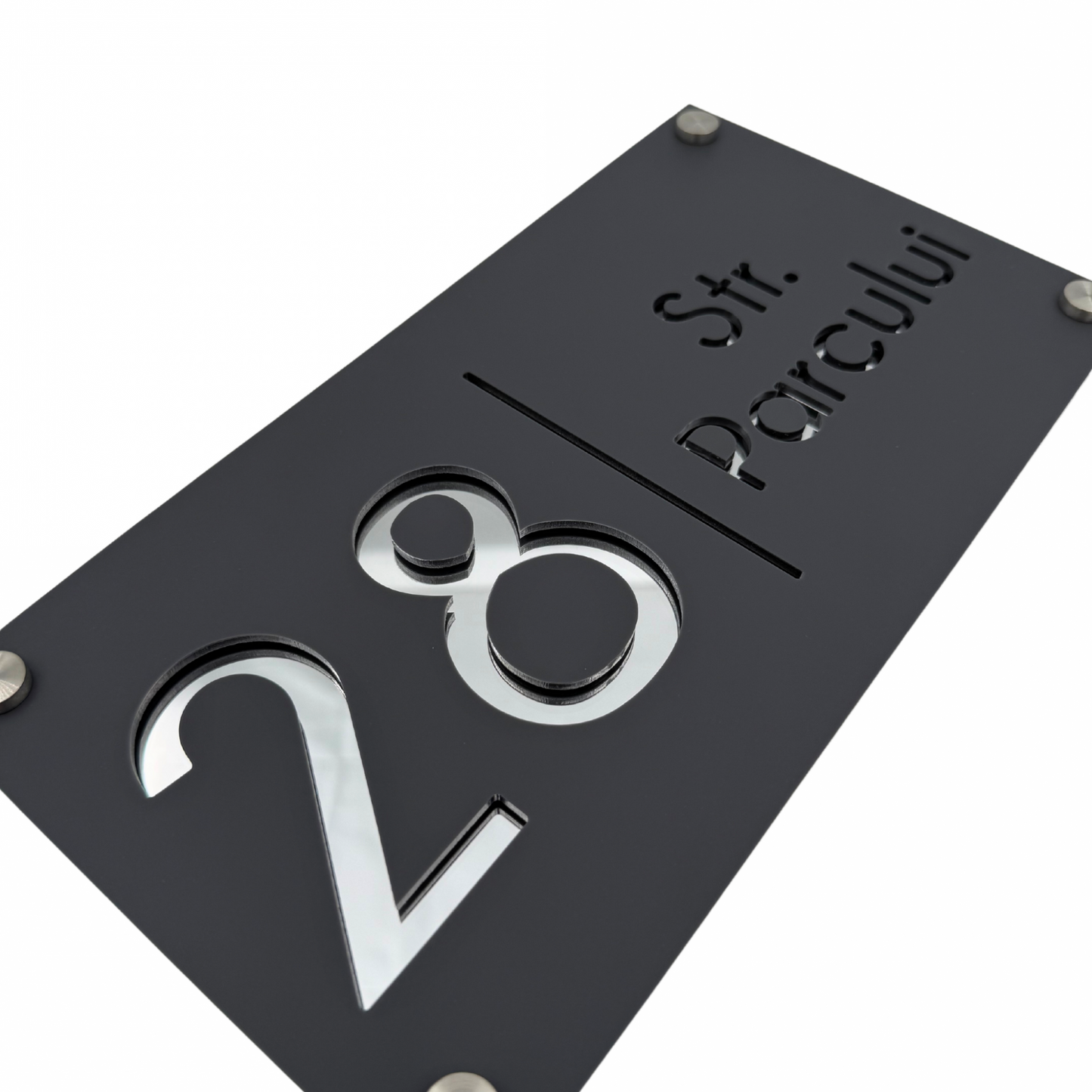 PREMIUM HOUSE NUMBER - Satin Grey Mirror Argintie 4 Spacers Silver - 28×15 cm