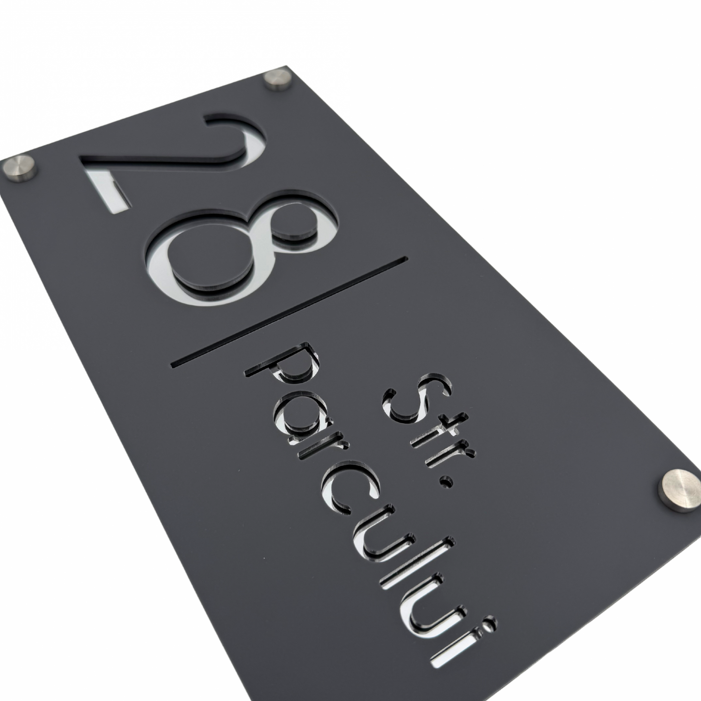 PREMIUM HOUSE NUMBER - Satin Grey Mirror Argintie 4 Spacers Silver - 28×15 cm