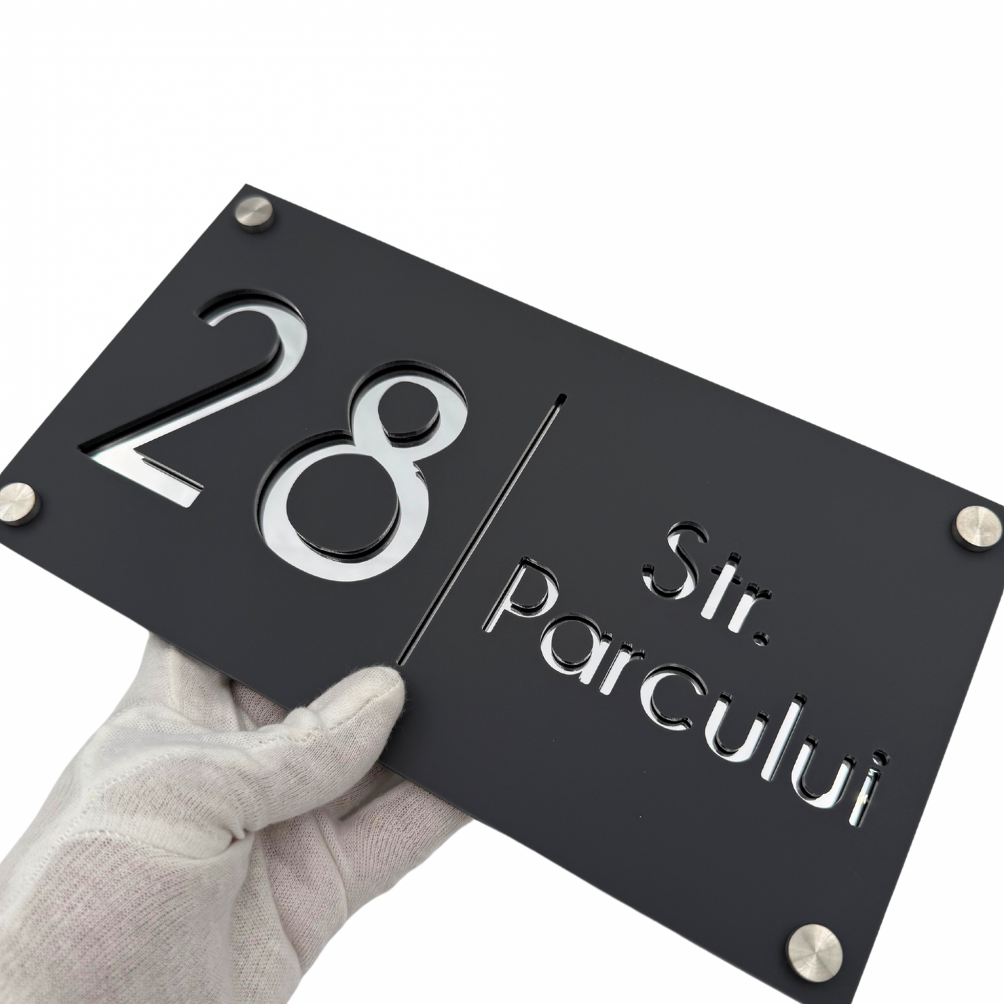 PREMIUM HOUSE NUMBER - Satin Grey Mirror Argintie 4 Spacers Silver - 28×15 cm