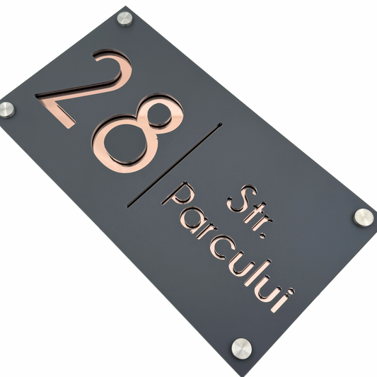 PREMIUM HOUSE NUMBER - Satin Grey Rose Gold Mirror 4 Spacers Silver - 28×15 cm