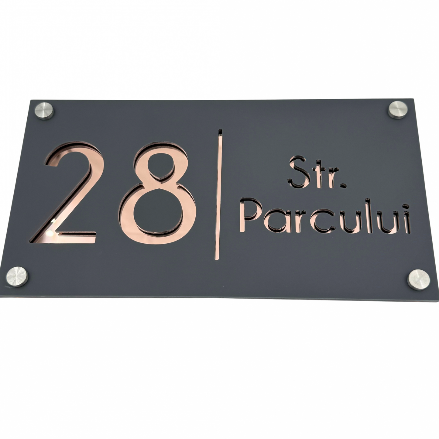 PREMIUM HOUSE NUMBER - Satin Grey Rose Gold Mirror 4 Spacers Silver - 28×15 cm