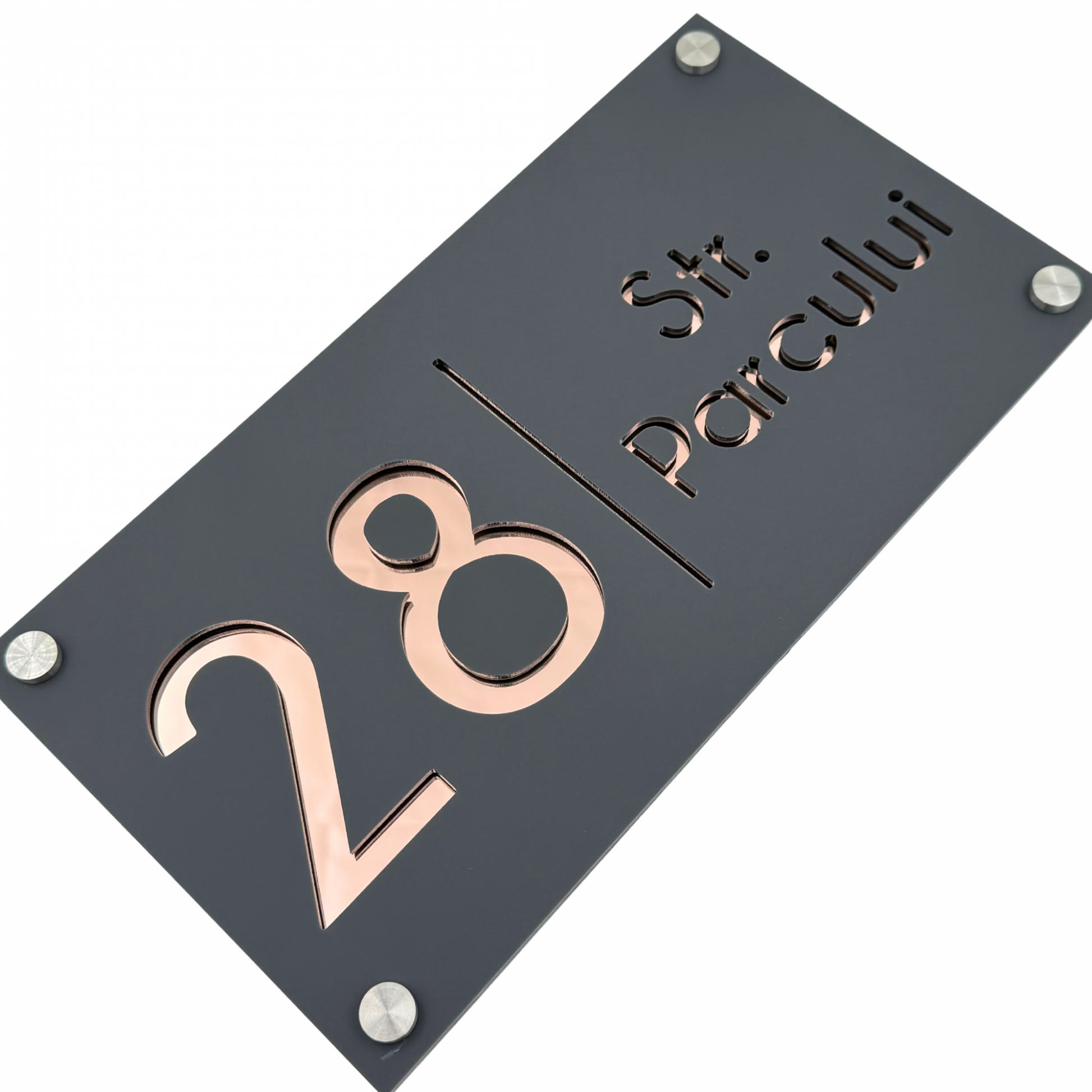 PREMIUM HOUSE NUMBER - Satin Grey Rose Gold Mirror 4 Spacers Silver - 28×15 cm