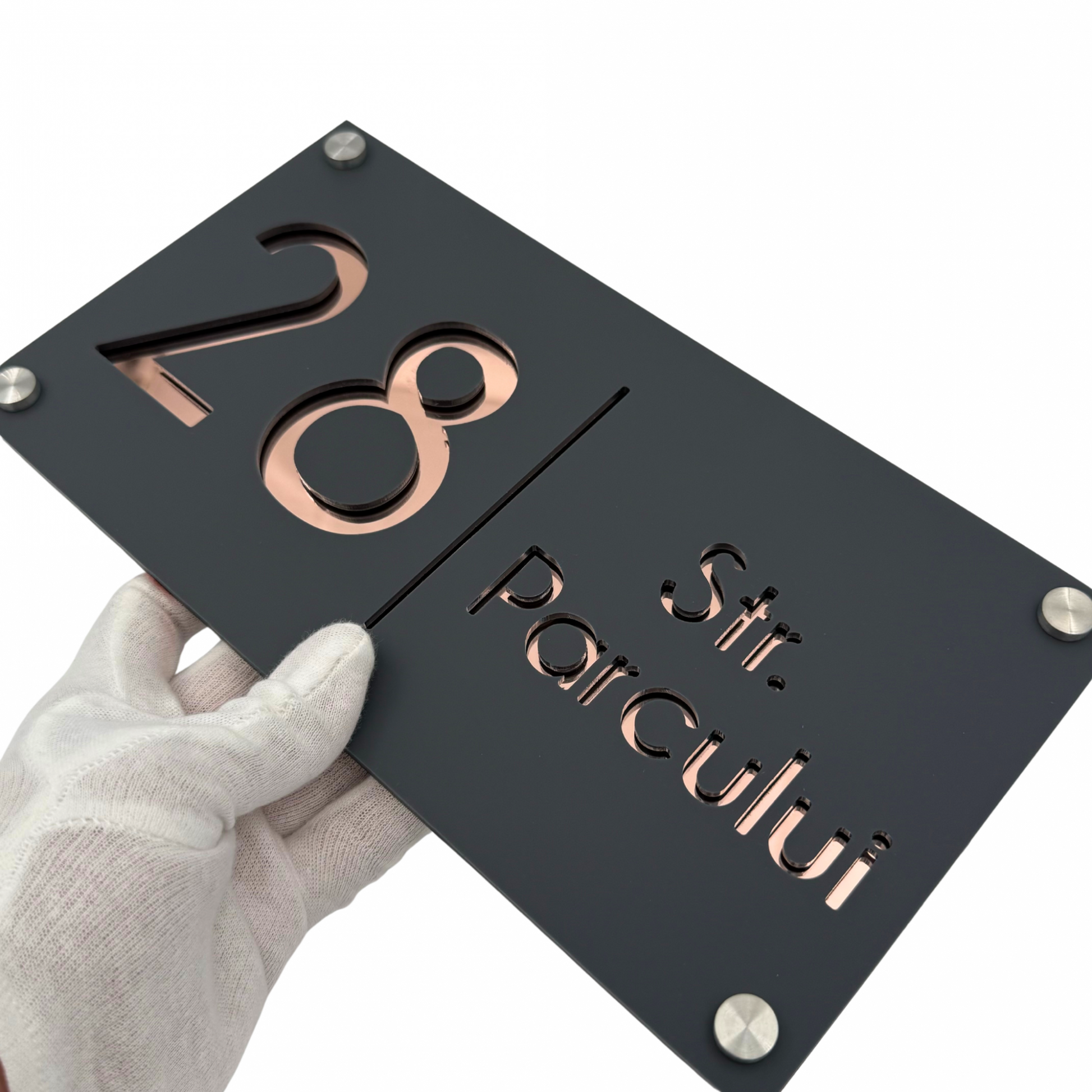 PREMIUM HOUSE NUMBER - Satin Grey Rose Gold Mirror 4 Spacers Silver - 28×15 cm