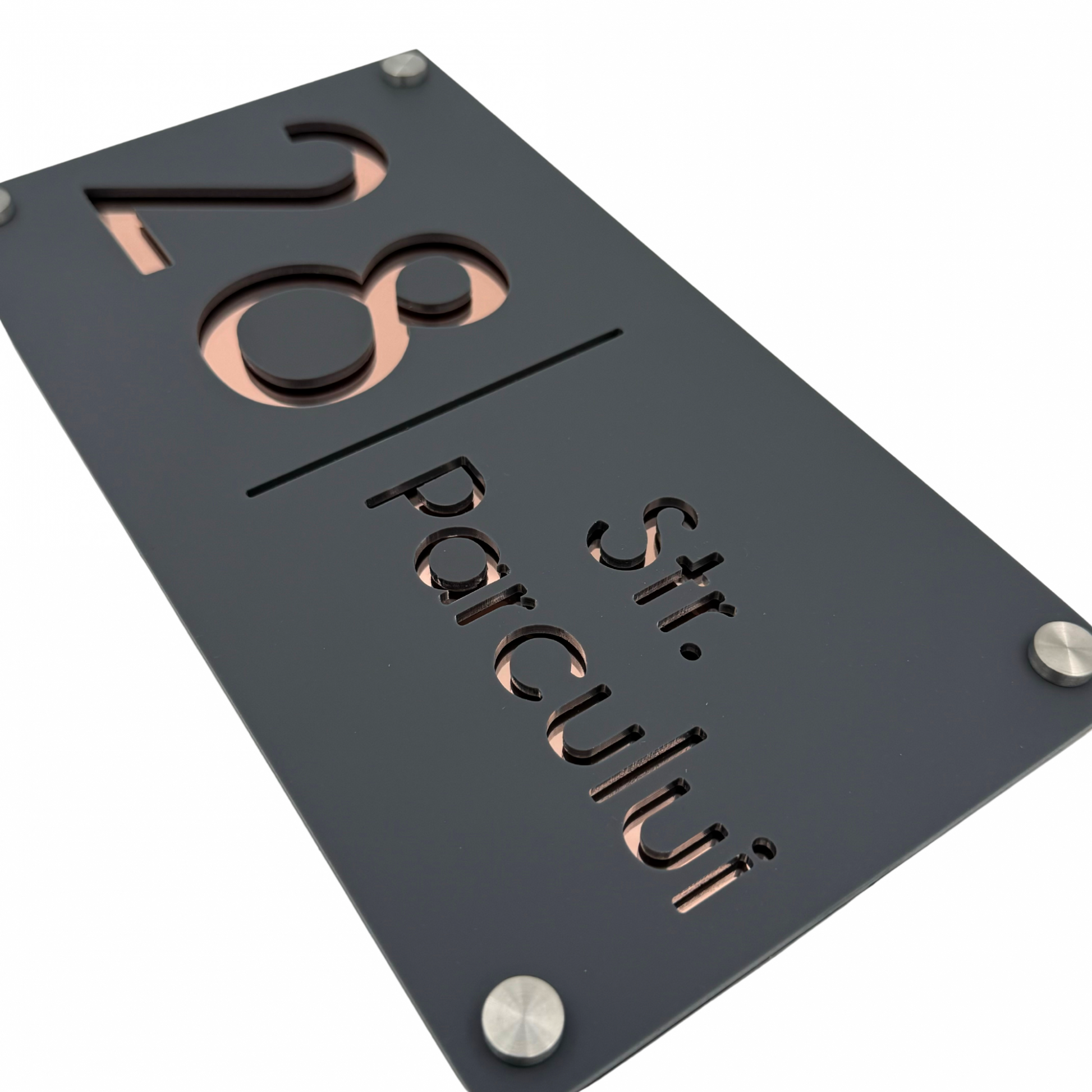 PREMIUM HOUSE NUMBER - Satin Grey Rose Gold Mirror 4 Spacers Silver - 28×15 cm