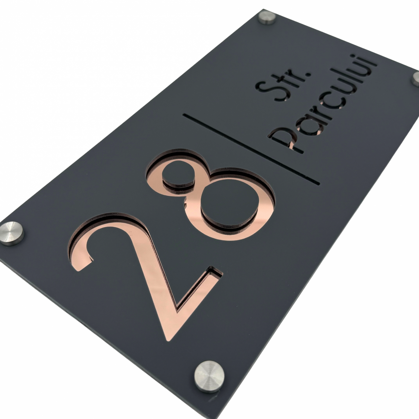 PREMIUM HOUSE NUMBER - Satin Grey Rose Gold Mirror 4 Spacers Silver - 28×15 cm