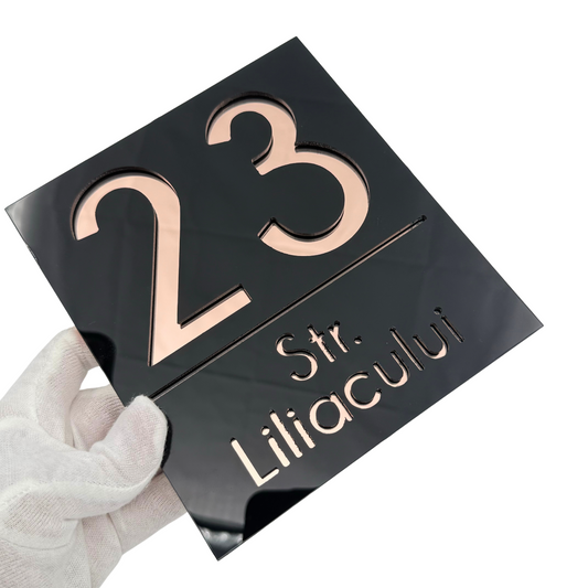 PREMIUM HOUSE NUMBER - Glossy Black Rose Gold Mirror - 18×16 cm
