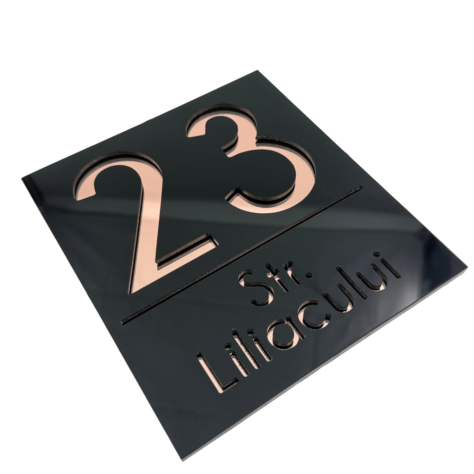 PREMIUM HOUSE NUMBER - Glossy Black Rose Gold Mirror - 18×16 cm