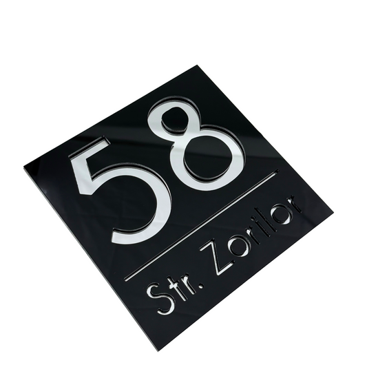 PREMIUM HOUSE NUMBER - Glossy Black Silver Mirror - 17×17 cm
