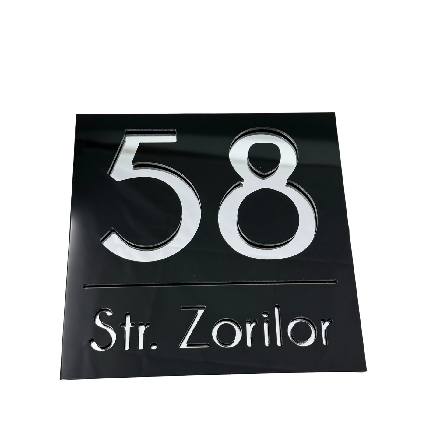 PREMIUM HOUSE NUMBER - Glossy Black Silver Mirror - 17×17 cm