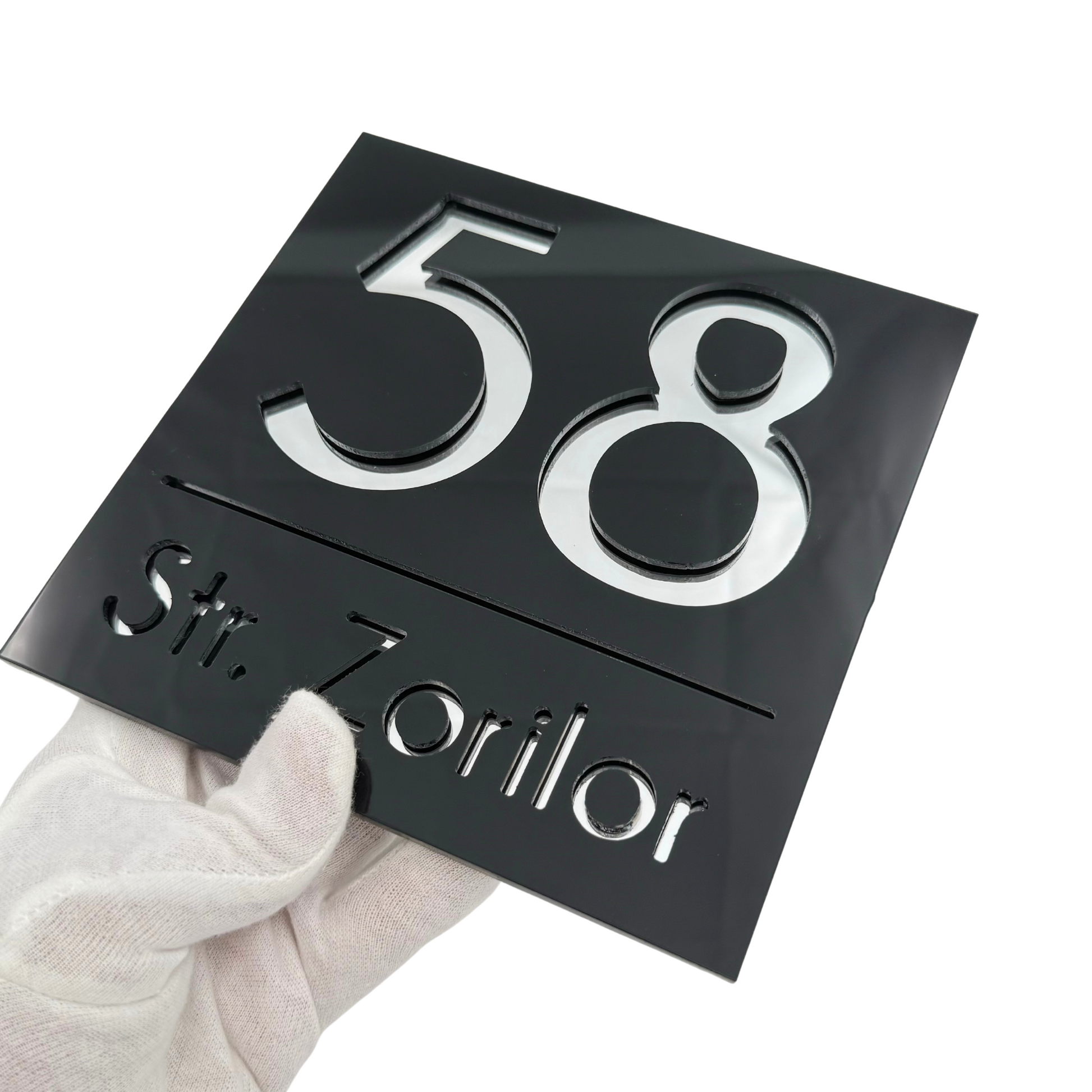 PREMIUM HOUSE NUMBER - Glossy Black Silver Mirror - 17×17 cm