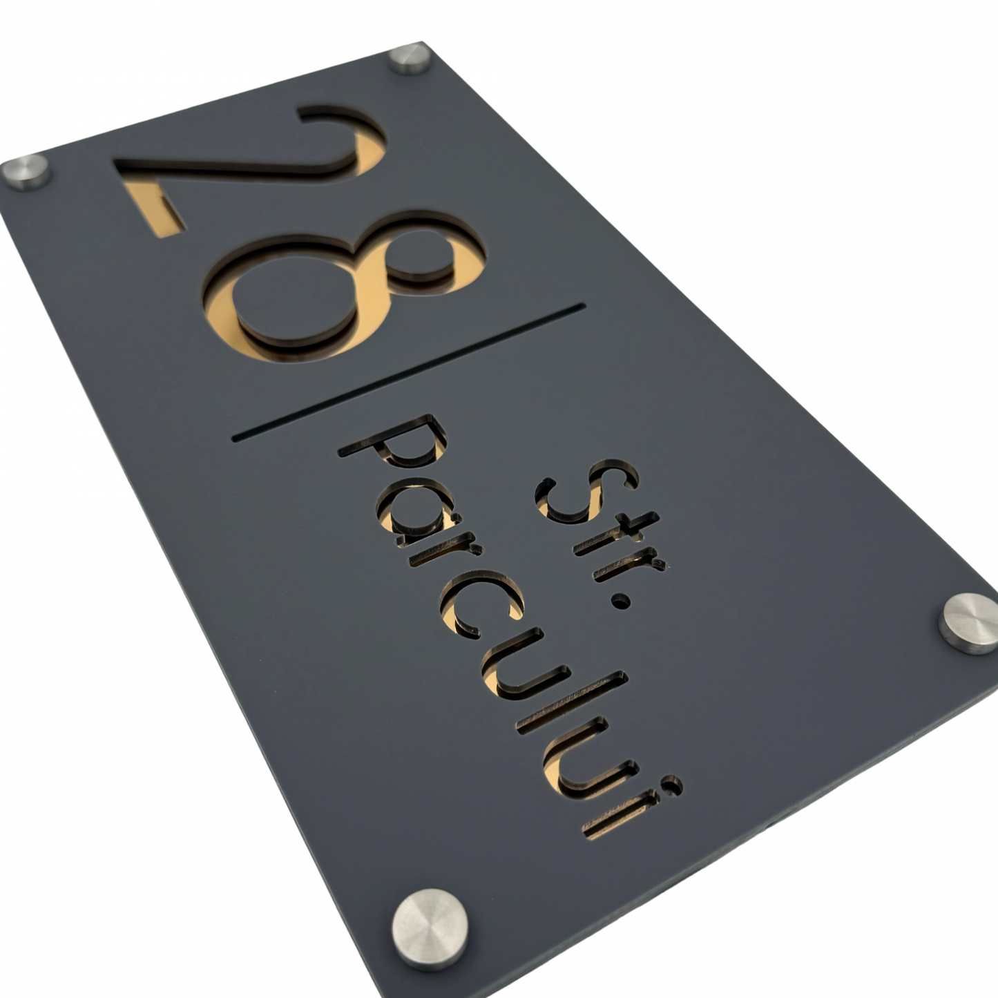 PREMIUM HOUSE NUMBER - Satin Grey Gold Mirror 4 Spacers Silver - 28×15 cm
