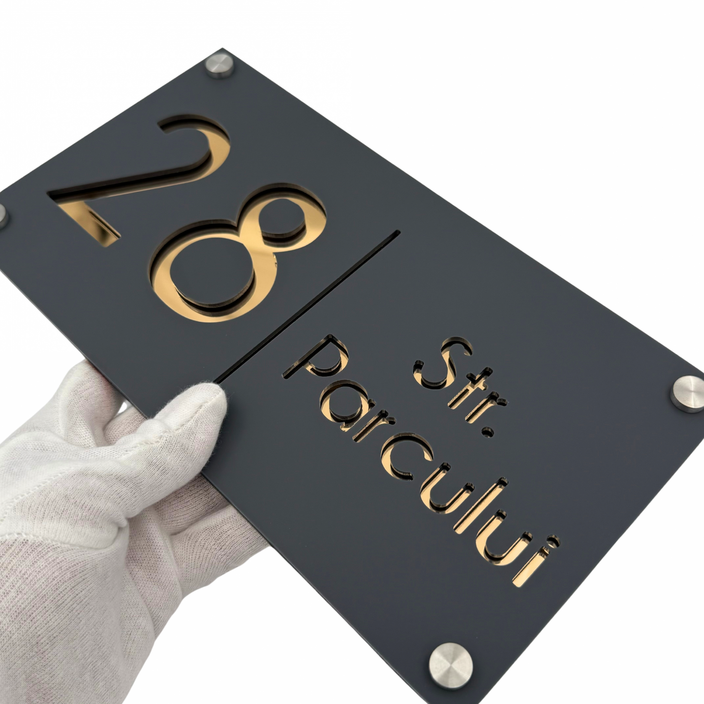 PREMIUM HOUSE NUMBER - Satin Grey Gold Mirror 4 Spacers Silver - 28×15 cm