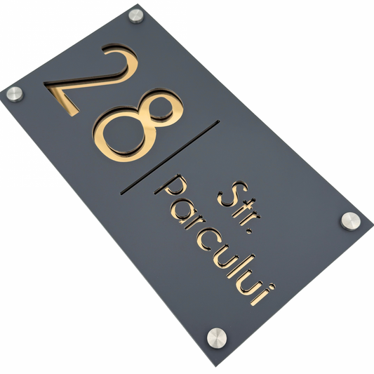 PREMIUM HOUSE NUMBER - Satin Grey Gold Mirror 4 Spacers Silver - 28×15 cm