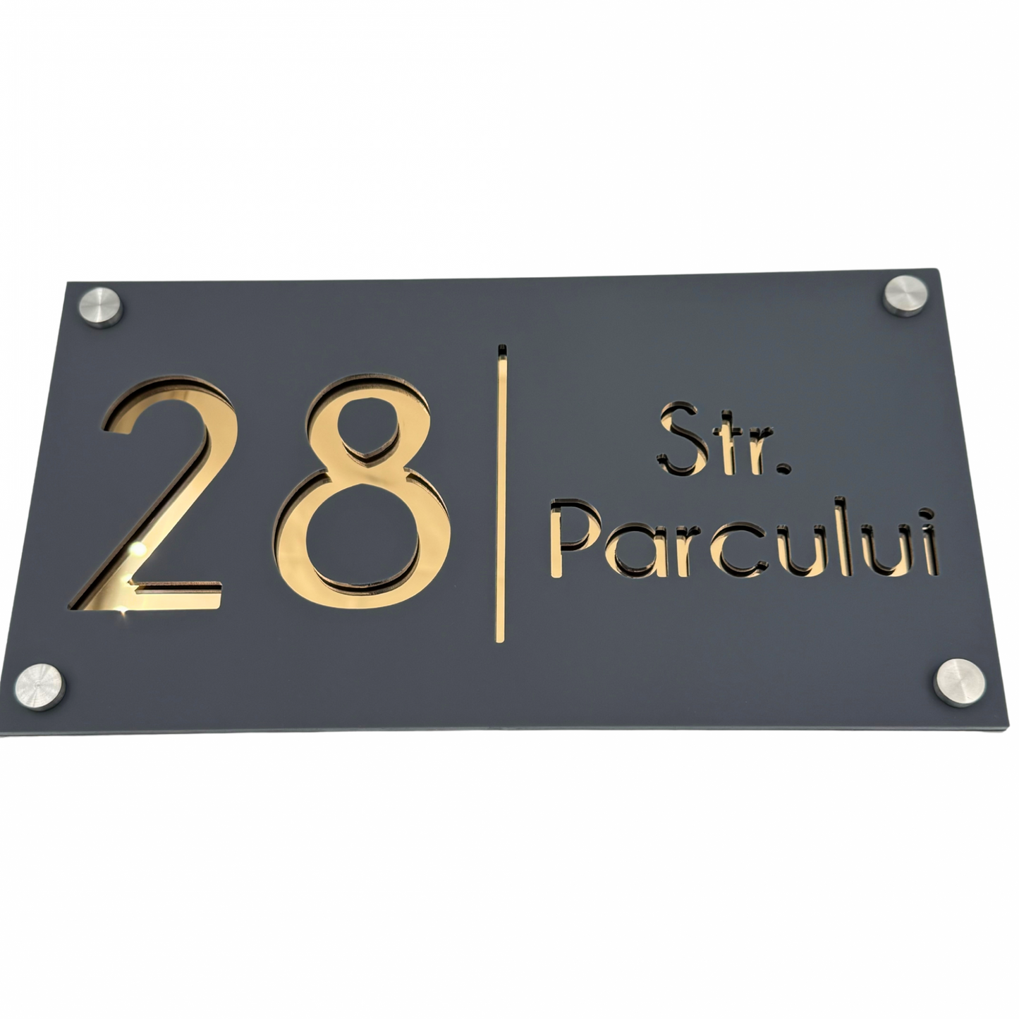 PREMIUM HOUSE NUMBER - Satin Grey Gold Mirror 4 Spacers Silver - 28×15 cm