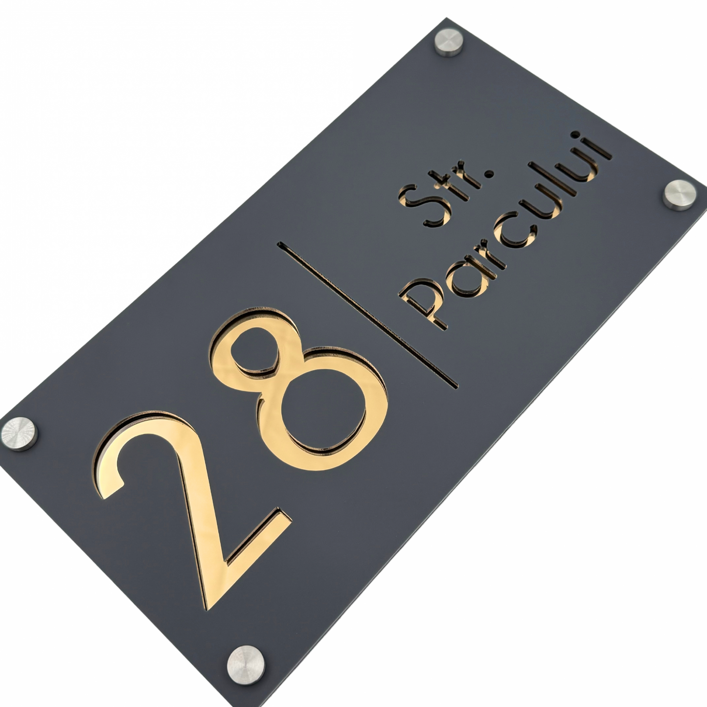 PREMIUM HOUSE NUMBER - Satin Grey Gold Mirror 4 Spacers Silver - 28×15 cm