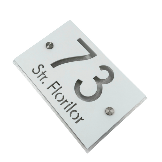 PREMIUM HOUSE NUMBER - White Satin Aluminium Gold Mirror 2 Spacers Silver - 20×13 cm