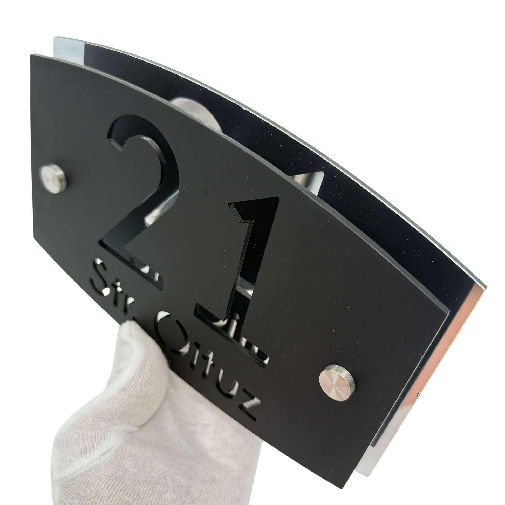 PREMIUM HOUSE NUMBER - Satin Black Aluminiu Silver Mirror 2 Spacers Silver - 20×13 cm