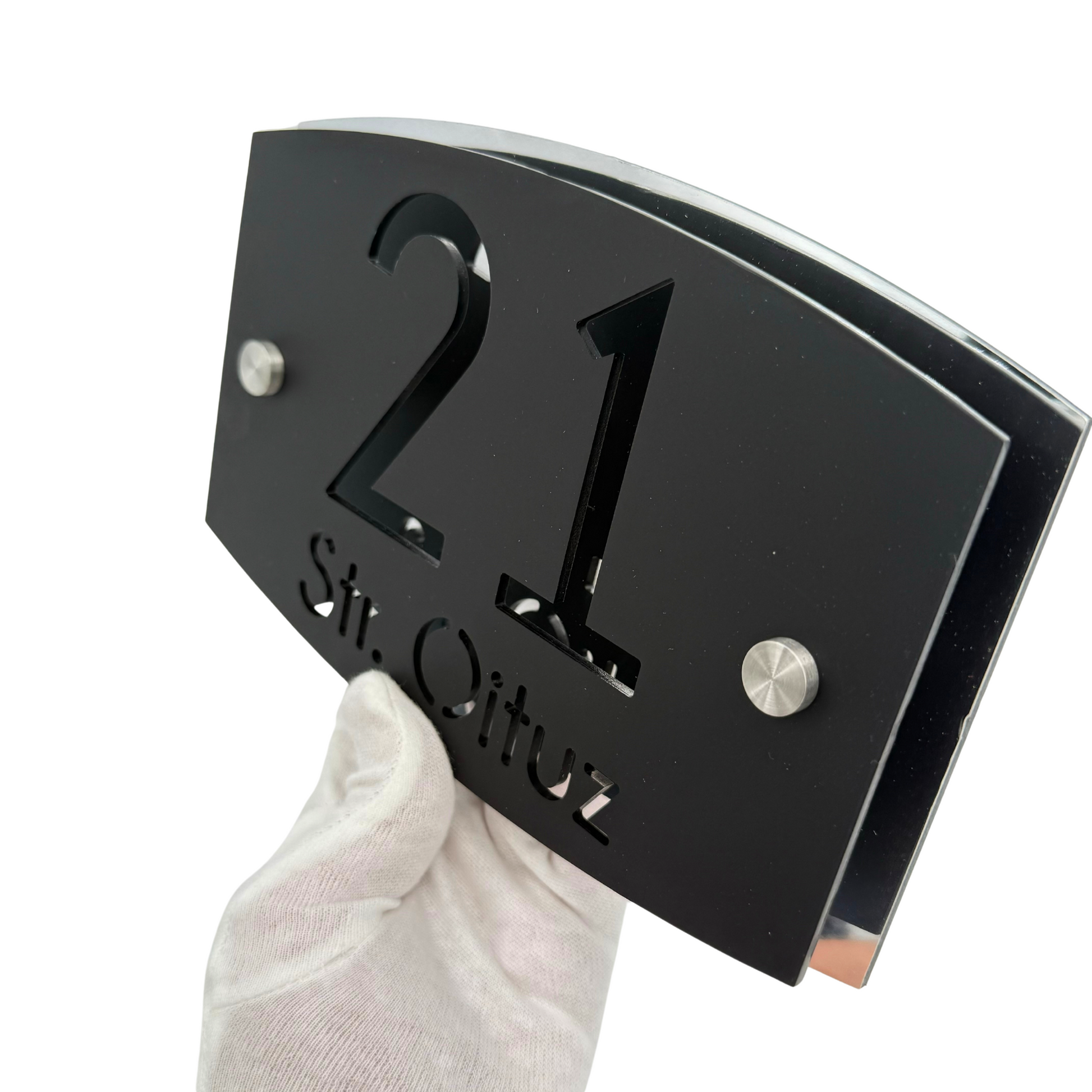 PREMIUM HOUSE NUMBER - Satin Black Aluminiu Silver Mirror 2 Spacers Silver - 20×13 cm