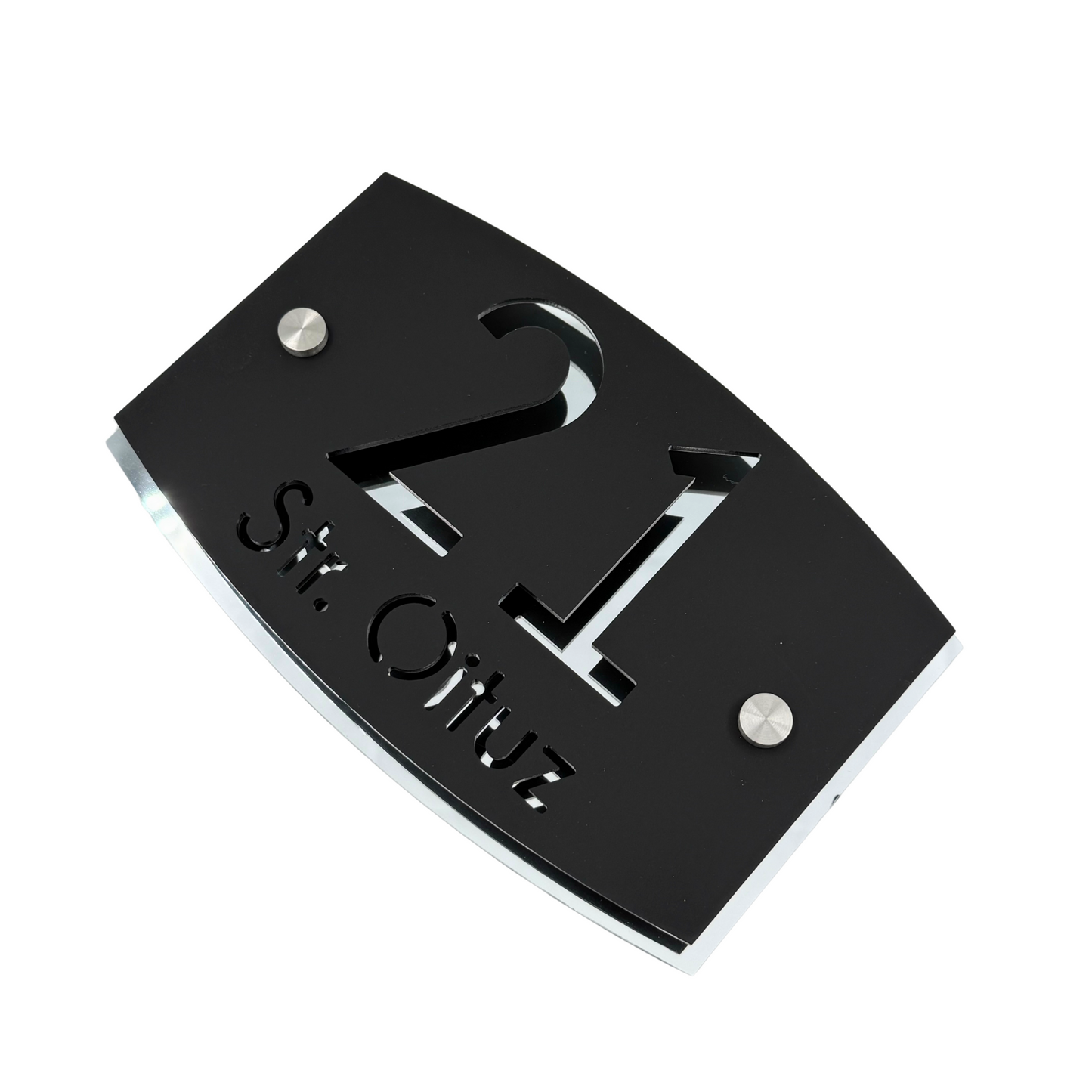 PREMIUM HOUSE NUMBER - Satin Black Aluminiu Silver Mirror 2 Spacers Silver - 20×13 cm