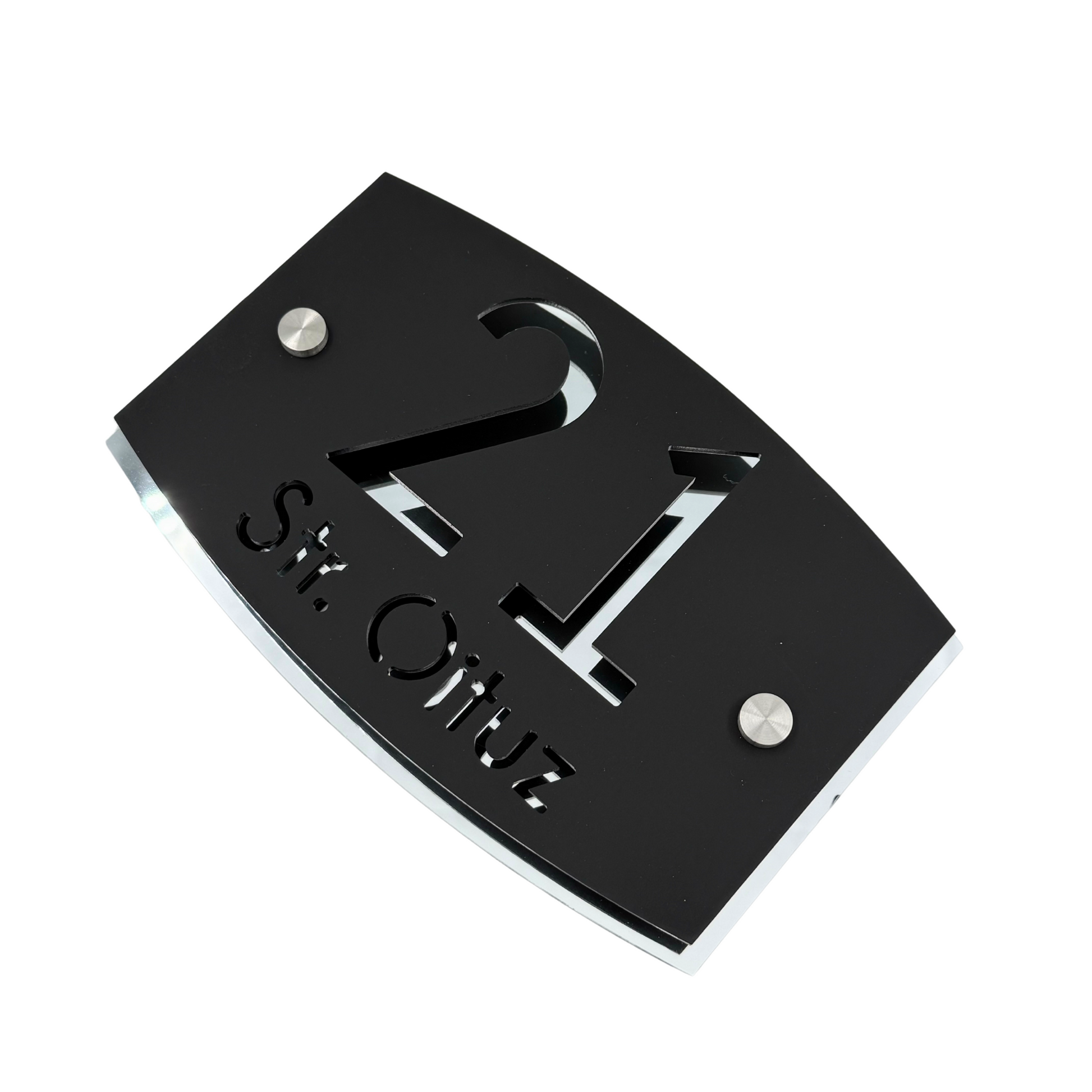 PREMIUM HOUSE NUMBER - Satin Black Aluminiu Silver Mirror 2 Spacers Silver - 20×13 cm