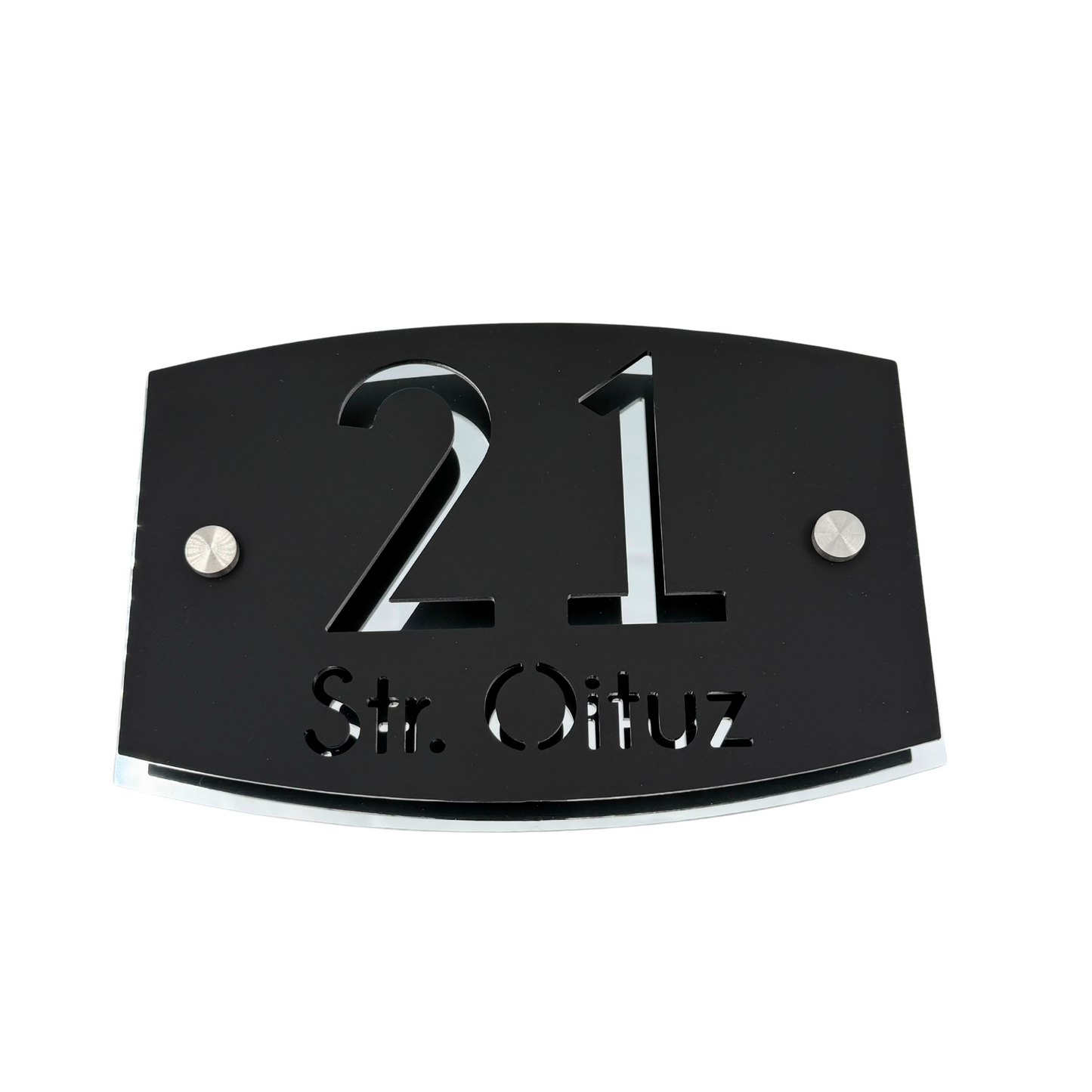 PREMIUM HOUSE NUMBER - Satin Black Aluminiu Silver Mirror 2 Spacers Silver - 20×13 cm