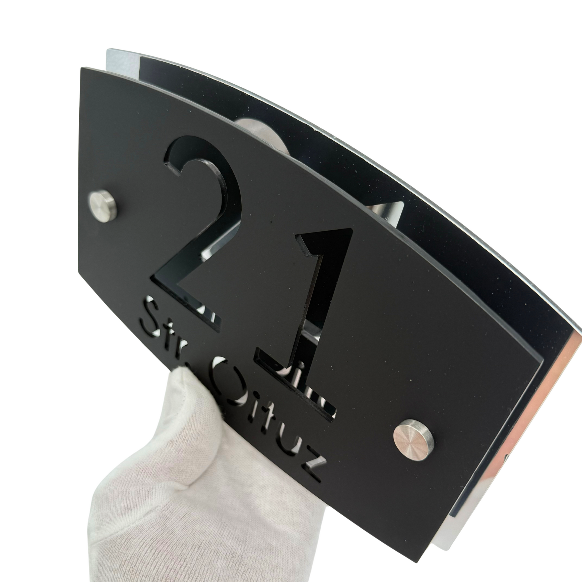 PREMIUM HOUSE NUMBER - Satin Black Aluminiu Silver Mirror 2 Spacers Silver - 20×13 cm