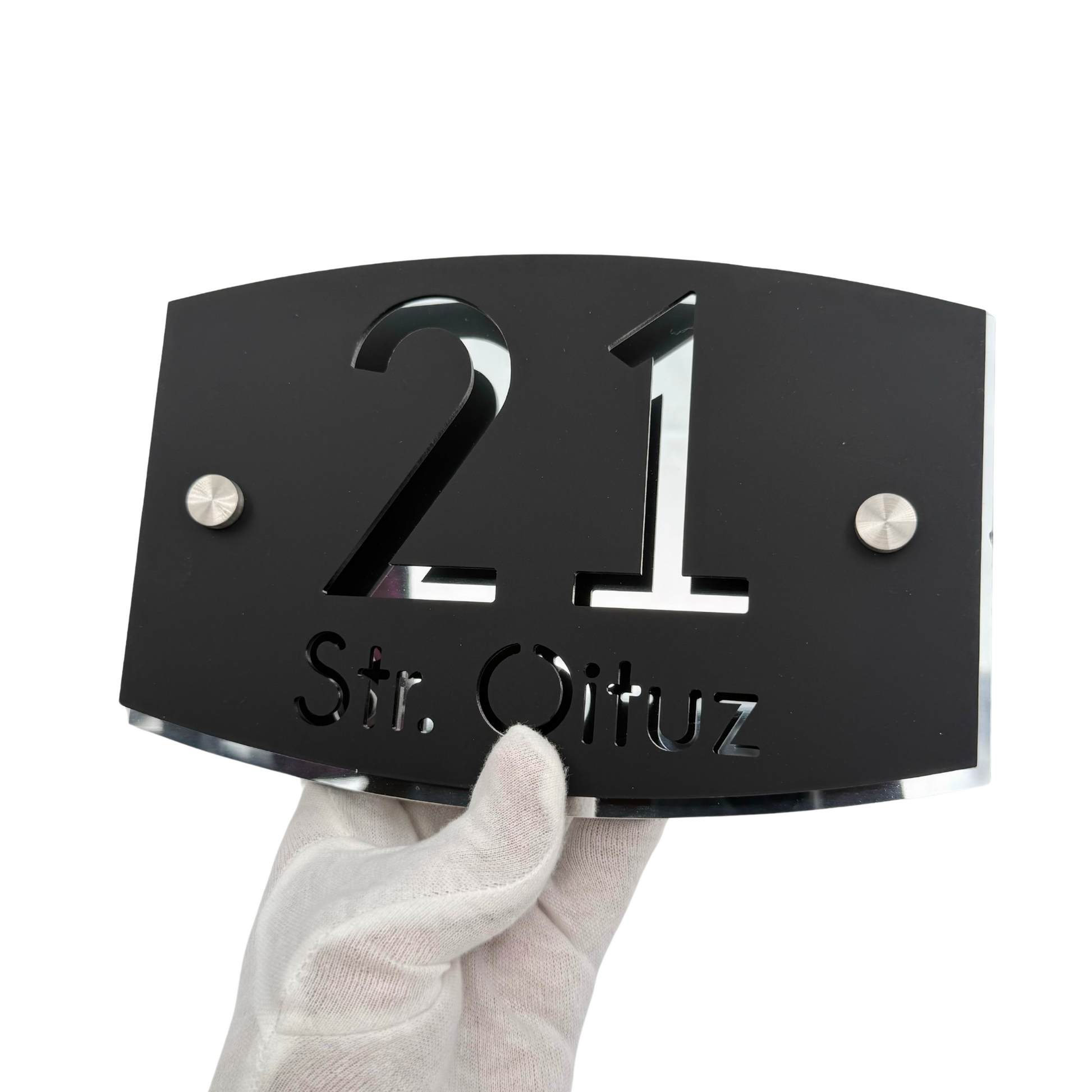 PREMIUM HOUSE NUMBER - Satin Black Aluminiu Silver Mirror 2 Spacers Silver - 20×13 cm