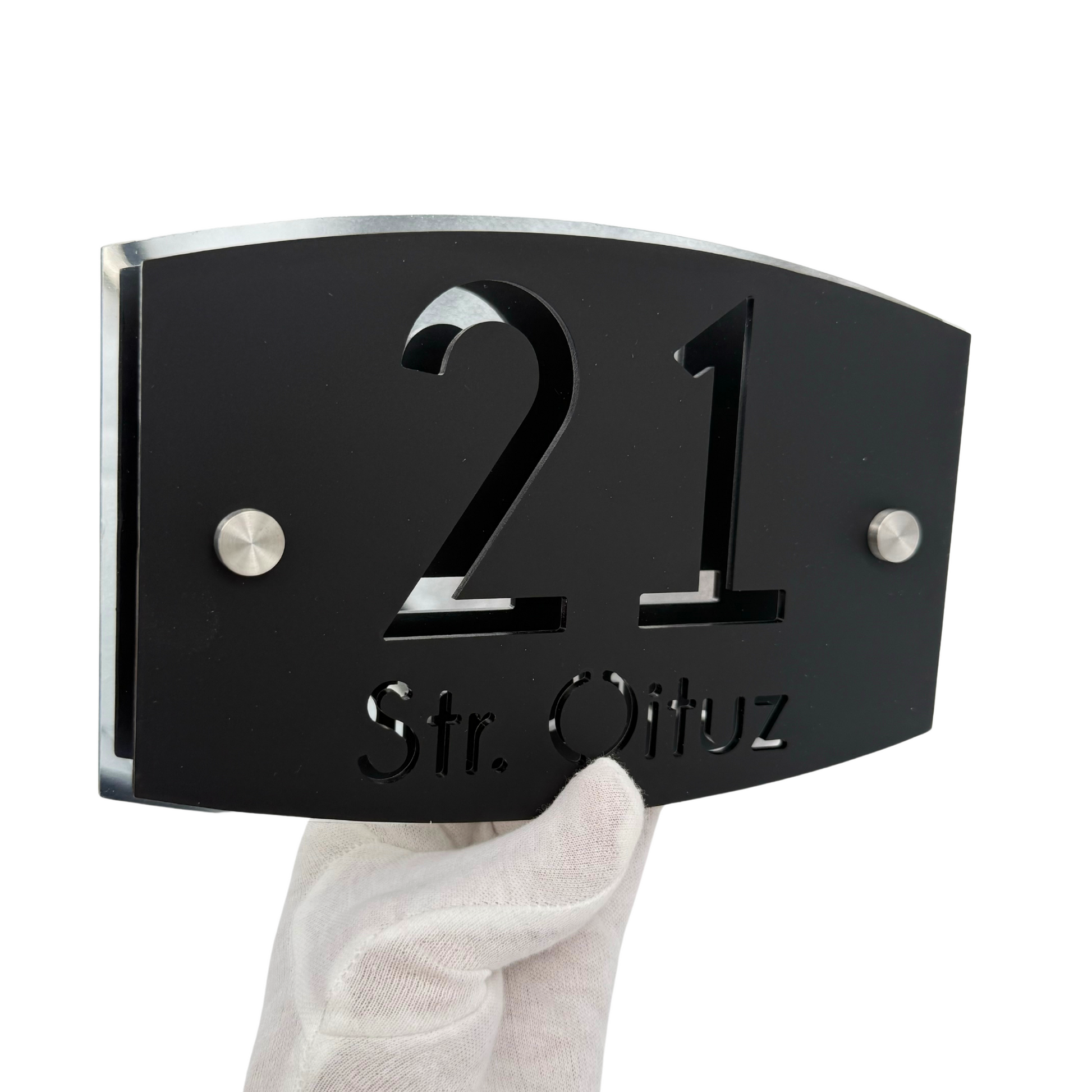 PREMIUM HOUSE NUMBER - Satin Black Aluminiu Silver Mirror 2 Spacers Silver - 20×13 cm