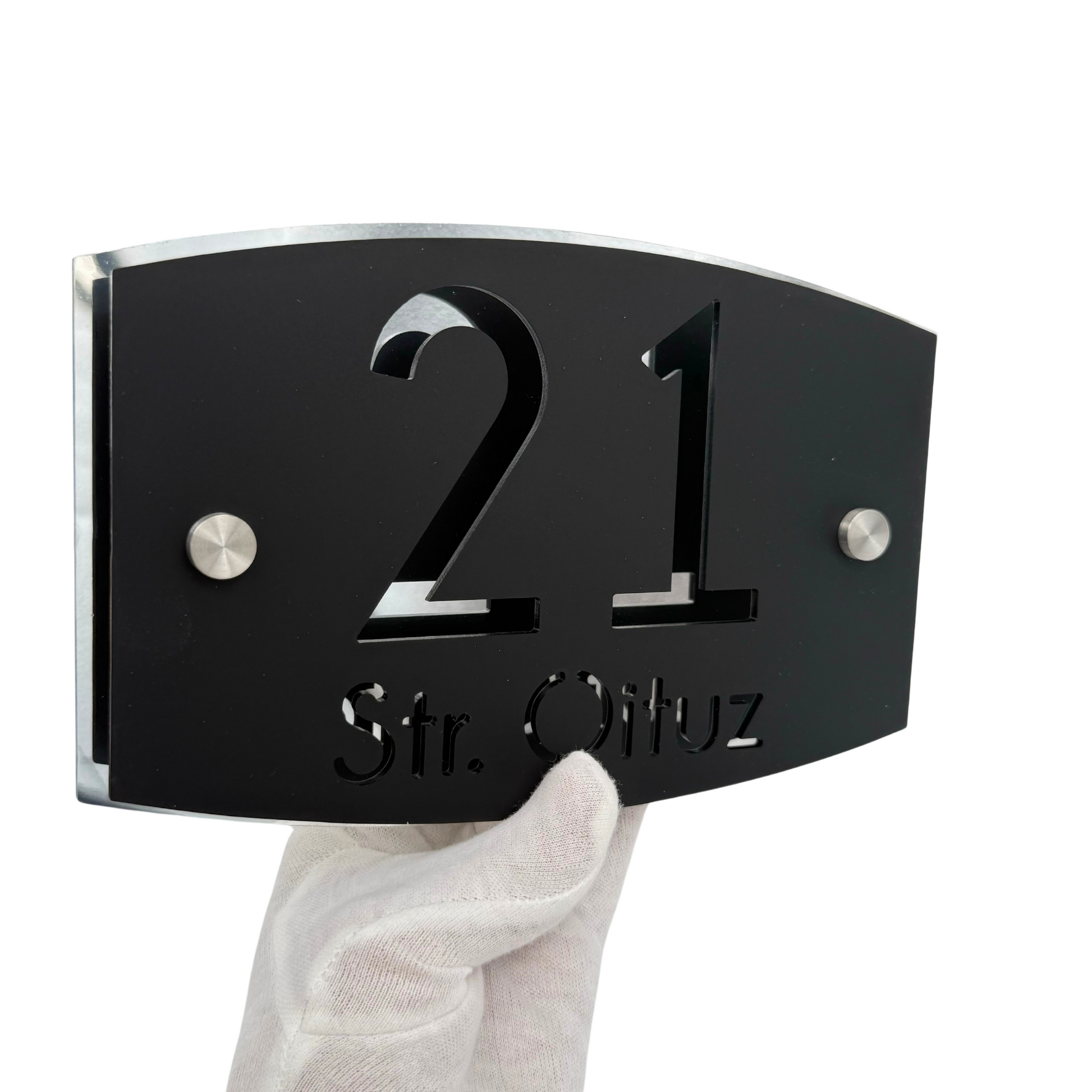 PREMIUM HOUSE NUMBER - Satin Black Aluminiu Silver Mirror 2 Spacers Silver - 20×13 cm
