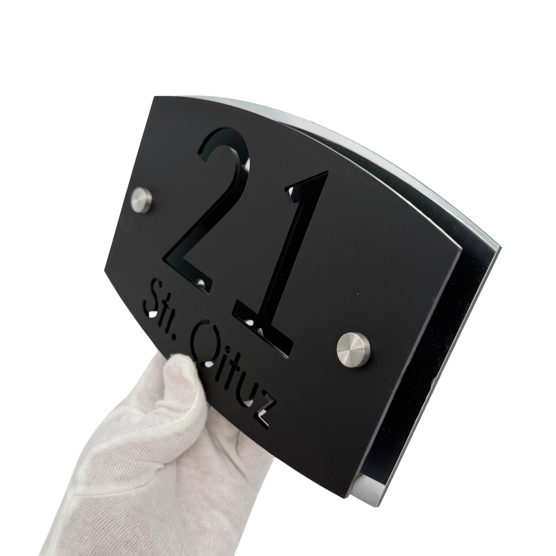 PREMIUM HOUSE NUMBER - Satin Black Aluminiu Silver Mirror 2 Spacers Silver - 20×13 cm