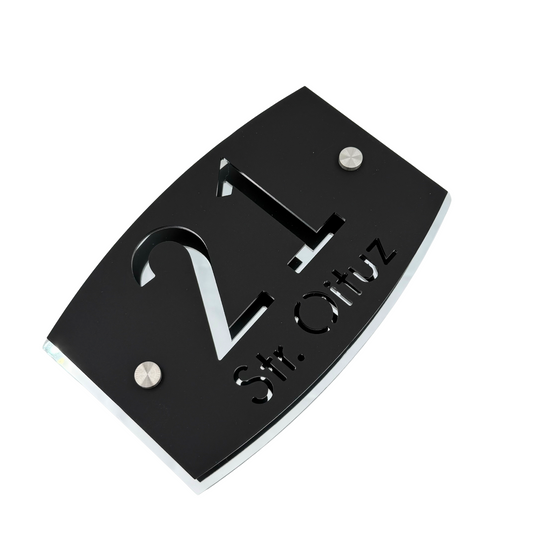 PREMIUM HOUSE NUMBER - Satin Black Aluminiu Silver Mirror 2 Spacers Silver - 20×13 cm