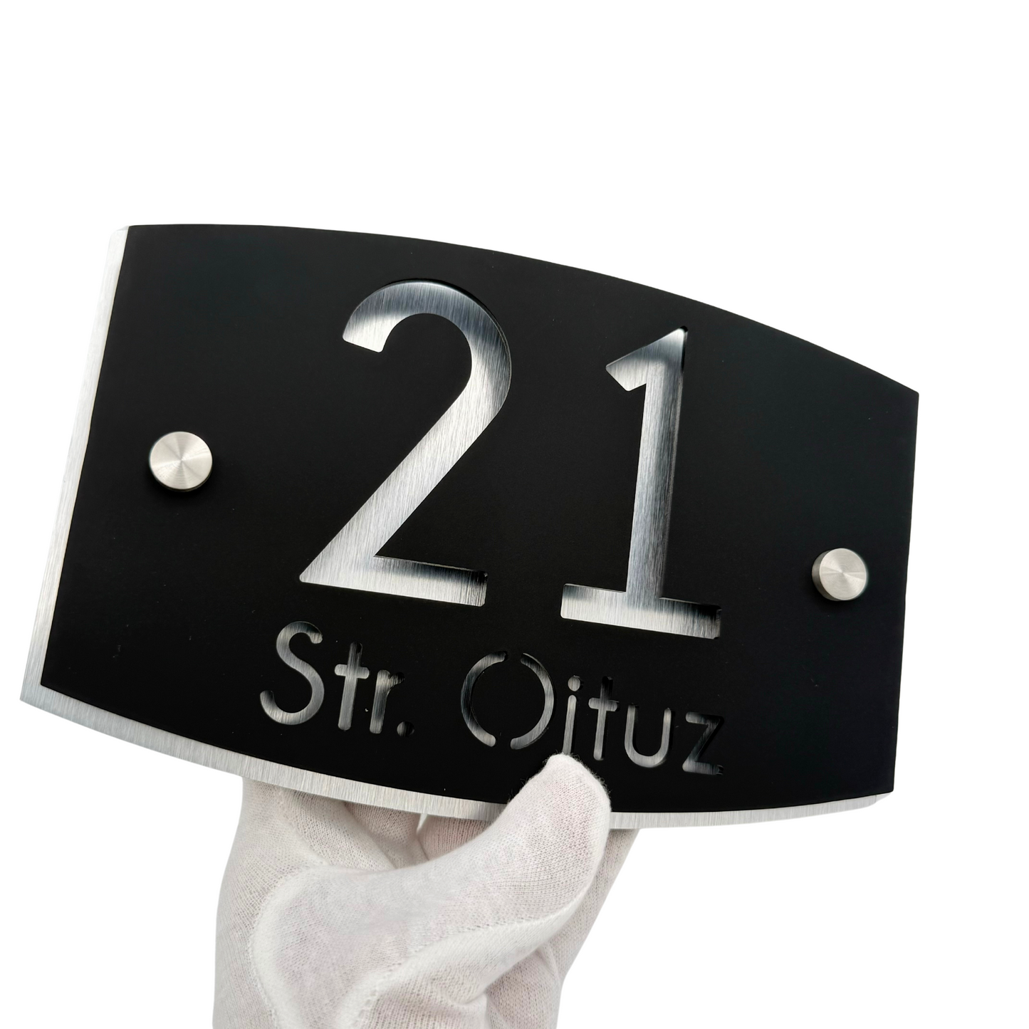 PREMIUM HOUSE NUMBER - Satin Black Aluminium Pearly 2 Spacers Silver - 20×13 cm